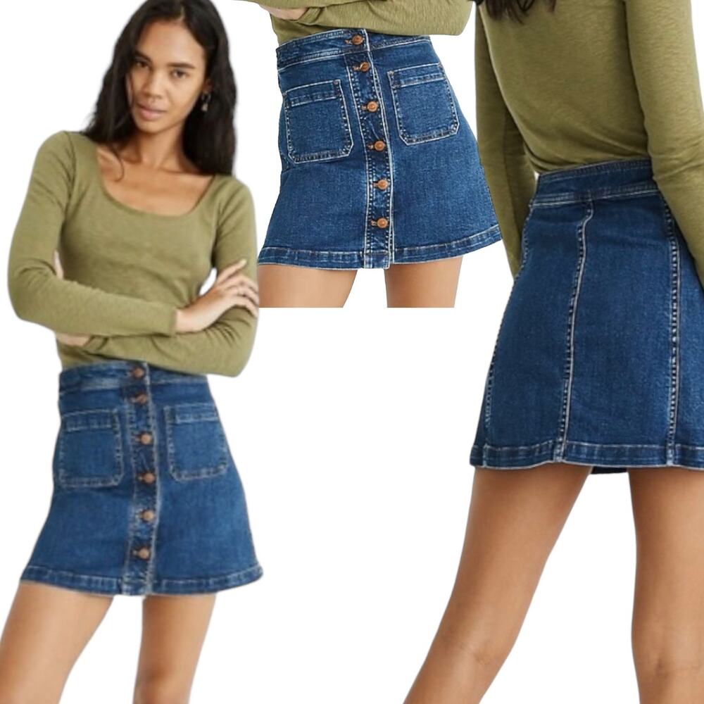 Madewell Size 8 A-line Stretch Denim Miniskirt Button Front Patch Pockets Boho